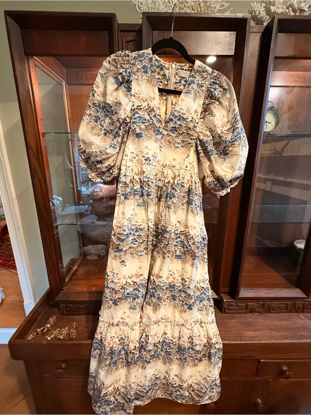 HUNTER BELL Cream and Blue Floral Puff-Sleeve Maxi Dress